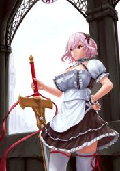 Rule 34 | 1girl, absurdres, anchor symbol, apron, azur lane, breasts, brown dress, cleavage, collar, dress, framed breasts, frilled dress, frills, from below, highres, holding, holding sword, holding weapon, large breasts, metal collar, miyuki (3458), outdoors, pink hair, puffy short sleeves, puffy sleeves, red eyes, red ribbon, ribbon, short hair, short sleeves, sirius (azur lane), solo, standing, sword, thighhighs, waist apron, weapon, white apron, white thighhighs