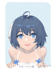 Rule 34 | 1girl, :d, absurdres, antenna hair, blue background, blue eyes, blue hair, dress, fled, hair between eyes, highres, honkai (series), honkai impact 3rd, looking at viewer, open mouth, portrait, seele vollerei, simple background, sleeveless, smile, solo, sundress, teeth, wet, wet clothes, wet hair, white dress