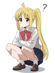 Rule 34 | 1girl, ?, ahoge, ass, black skirt, blonde hair, blush, bocchi the rock!, borgbutler, bow, bowtie, brown footwear, closed mouth, collared shirt, full body, grey vest, highres, ijichi nijika, long hair, long sleeves, looking at viewer, panties, pleated skirt, red bow, red bowtie, red eyes, shirt, shoes, side ponytail, simple background, skirt, socks, solo, squatting, underwear, vest, white background, white panties, white shirt, white socks
