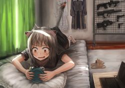 Rule 34 | 1girl, @ @, airsoft, animal ears, assault rifle, black shirt, bullpup, carpet, cat ears, cat tail, closed curtains, commentary, computer, curtains, fn f2000, full body, green curtains, gun, hair between eyes, handgun, highres, holding alarm clock, indoors, laptop, long hair, lying, motion blur, nail polish, nora cat, nora cat channel, on bed, on stomach, open mouth, pistol, red eyes, red nails, rifle, shimogami ataru, shirt, short sleeves, silver hair, slippers, solo, sunlight, sweatdrop, t-shirt, tail, virtual youtuber, weapon