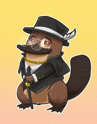 Rule 34 | absurdres, animal, borrowed character, brown eyes, cane, cape, chain, formal, furry, glasses, hat, highres, necktie, non-web source, original, platypus, smile, suit, tail, top hat, webbed feet, webbed hands