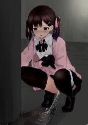 Rule 34 | 1girl, black bow, black bowtie, black footwear, black skirt, black thighhighs, blush, bow, bowtie, breasts, brown hair, clothes lift, hair ornament, hair ribbon, hairclip, heart, heart hair ornament, highres, jacket, kanekan, long hair, long sleeves, looking down, open clothes, open jacket, open mouth, original, panties, panties around leg, peeing, pink eyes, pink jacket, pole, puddle, ribbon, school uniform, shirt, shoes, skirt, skirt lift, small breasts, squatting, sweat, thighhighs, twintails, underwear, white panties, white shirt