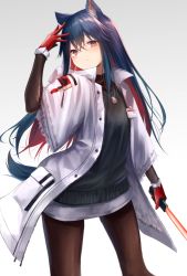 Rule 34 | 1girl, animal ear fluff, animal ears, arknights, black shirt, blue hair, blush, brown eyes, cowboy shot, gloves, holding, holding sword, holding weapon, jacket, konome noi, long hair, long sleeves, looking at viewer, no pants, official alternate costume, pantyhose, red gloves, shirt, standing, sword, texas (arknights), texas (winter messenger) (arknights), weapon, white jacket