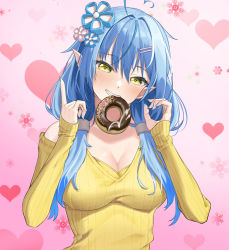 Rule 34 | 1girl, absurdres, ahoge, bangom r, blue hair, blue nails, blush, breasts, doughnut, elf, flower, food, food in mouth, grin, hair between eyes, hair flower, hair ornament, hair over shoulder, hairclip, heart, heart ahoge, heart background, highres, hololive, large breasts, long hair, long sleeves, looking at viewer, mouth hold, nail polish, pink background, pointy ears, smile, solo, sweater, teeth hold, twintails, upper body, virtual youtuber, yellow eyes, yellow sweater, yukihana lamy
