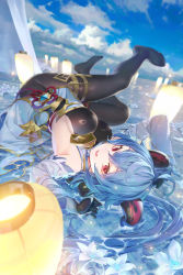 Rule 34 | 1girl, ahoge, baraba baba, black bodysuit, black pantyhose, blue hair, blue sky, bodystocking, bodysuit, bodysuit under clothes, breasts, cloud, detached collar, detached sleeves, flower, ganyu (genshin impact), genshin impact, goat horns, highres, horns, lamp, large breasts, legs up, lily (flower), long hair, long sleeves, looking at viewer, lying on water, no shoes, outdoors, pantyhose, parted lips, shallow water, sideboob, sky, smile, solo, upside-down, water, white flower, white sleeves