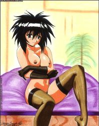 Rule 34 | 1990s (style), bed, black hair, breasts, jpeg artifacts, melfina, outlaw star, tagme, thighhighs