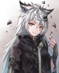 Rule 34 | 1girl, animal ears, arknights, black jacket, black nails, chinese commentary, commentary request, fingerless gloves, gloves, gradient background, grey background, grey eyes, grey gloves, hair between eyes, hair ornament, hairclip, hand up, head tilt, high collar, humiaojun, jacket, lappland (arknights), long hair, looking at viewer, nail polish, scar, scar across eye, scar on face, signature, silver hair, smile, solo, upper body, white background, wolf ears