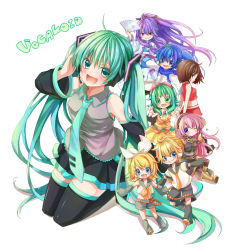 Rule 34 | 3boys, 5girls, ahoge, belt, blonde hair, blue eyes, blue hair, boots, brother and sister, brown eyes, brown hair, cross-laced footwear, detached sleeves, folding fan, goggles, goggles on head, green eyes, green hair, gumi, hair ornament, hair ribbon, hairclip, hand fan, hatsune miku, headset, heart, kagamine len, kagamine rin, kaito (vocaloid), kamui gakupo, knee boots, kneeling, lace-up boots, leg warmers, long hair, megurine luka, meiko (vocaloid), midriff, momomochi, multiple boys, multiple girls, necktie, one eye closed, open mouth, outstretched arms, pink hair, ponytail, purple eyes, purple hair, ribbon, short hair, shorts, siblings, simple background, skirt, spread arms, thigh boots, thighhighs, twintails, very long hair, vocaloid, white background, wink