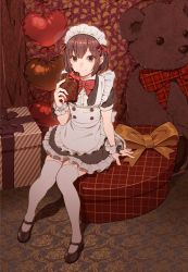 Rule 34 | 1girl, apron, balloon, black dress, black footwear, bow, bowtie, box, brown eyes, brown hair, dress, frilled apron, frilled dress, frilled hairband, frills, full body, gift, gift box, hairband, heart, heart balloon, highres, holding, looking at viewer, maid, maid headdress, nobile1031, original, red bow, red bowtie, shoes, short hair, short sleeves, sitting, smile, solo, stuffed animal, stuffed toy, teddy bear, thighhighs, white apron, white thighhighs
