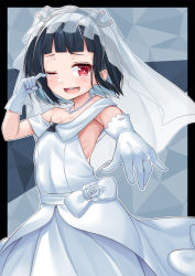 Rule 34 | 1girl, ;d, bare shoulders, black border, black hair, border, breasts, bridal veil, cleavage, dress, furrowed brow, glint, gloves, hairband, hand up, jewelry, jitomi monoe, magnet, necklace, one eye closed, open mouth, ornate ring, outline, outstretched arm, pearl necklace, red eyes, ribs, ring, short hair, smile, solo, sparkle, tears, tenneko yuuri, veil, virtual youtuber, voms, wedding dress, wedding ring, white dress, white gloves, white outline, wiping tears