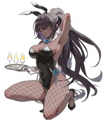Rule 34 | 1girl, alcohol, animal ears, arm behind head, armpits, black footwear, black hair, black leotard, blue archive, blush, bow, bowtie, breasts, cleavage, covered navel, cup, curvy, dark-skinned female, dark skin, drinking glass, fake animal ears, fishnet pantyhose, fishnets, full body, glass, gloves, highleg, highleg leotard, holding, karin (blue archive), karin (bunny) (blue archive), kneeling, large breasts, leotard, long hair, looking at viewer, official alternate costume, on one knee, pantyhose, playboy bunny, ponytail, rabbit ears, rabbit tail, seinen, shiny clothes, shiny skin, shoes, simple background, solo, tail, thong leotard, traditional bowtie, very long hair, white background, white gloves, wide hips, yellow eyes