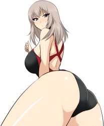 Rule 34 | 10s, 1girl, ass, black one-piece swimsuit, blue eyes, blush, breasts, clenched hand, closed mouth, competition swimsuit, frown, girls und panzer, hifumi hajime, highres, itsumi erika, long hair, looking at viewer, looking back, medium breasts, one-piece swimsuit, sideboob, silver hair, simple background, solo, standing, sweatdrop, swimsuit, white background