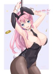 Rule 34 | 1girl, :d, animal ears, bare shoulders, black leotard, black pantyhose, blue eyes, breasts, coin, commentary request, covered navel, cowboy shot, detached collar, fake animal ears, fake tail, happy new year, large breasts, leotard, long hair, looking at viewer, necktie, new year, noe (noe emk), open mouth, original, outside border, pantyhose, pink hair, playboy bunny, pole, rabbit ears, rabbit tail, smile, solo, strapless, strapless leotard, tail, wrist cuffs