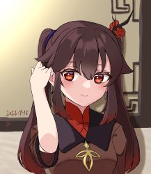Rule 34 | 1girl, blush, brown hair, chinese clothes, earrings, flower, genshin impact, hair flower, hair ornament, half-closed eyes, hand in own hair, highres, hu tao (genshin impact), jewelry, long sleeves, looking to the side, nanana1218, smile, symbol-shaped pupils, twintails, upper body, wall