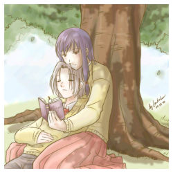 Rule 34 | 00s, 2006, 2girls, between legs, book, bookmark, closed mouth, couple, dated, day, gekido, grass, grey hair, hair ornament, holding, holding book, laikaken, leaf, leaning back, leaning on person, long hair, long sleeves, multiple girls, on ground, open book, original, outdoors, pants, parted bangs, plant, pleated skirt, purple hair, reading, red eyes, red skirt, ruzenka, signature, sitting, skirt, sky, sleeping, sweater, tree, under tree, yuri