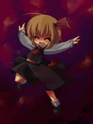 Rule 34 | 1girl, beihan, blonde hair, blush, chibi, embodiment of scarlet devil, closed eyes, fang, fangs, female focus, kokka han, outstretched arms, ribbon, rumia, short hair, smile, solo, spread arms, touhou