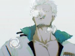 Rule 34 | 1boy, cigar, facial hair, hair slicked back, highres, jacket, kabane (rjev8385), looking down, male focus, one piece, open clothes, open jacket, simple background, smoker (one piece), smoking, solo, white hair