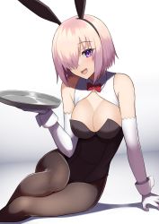 Rule 34 | 1girl, :d, absurdres, alternate costume, animal ears, black leotard, black pantyhose, bow, bowtie, breasts, elbow gloves, fake animal ears, fate/grand order, fate (series), gloves, hair over one eye, highres, holding, holding tray, large breasts, leotard, looking at viewer, mash kyrielight, open mouth, pantyhose, playboy bunny, purple eyes, pyonsan, rabbit ears, red bow, red bowtie, short hair, sitting, smile, solo, tray, white gloves, wrist cuffs