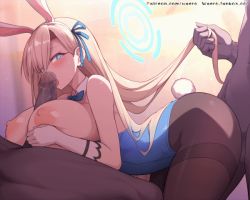 Rule 34 | 1girl, 2boys, animal ears, animated, animated gif, asuna (blue archive), asuna (bunny) (blue archive), blonde hair, blue archive, blue bow, blue bowtie, blue eyes, blue leotard, blue ribbon, blush, bow, bowtie, breasts, brown pantyhose, dark-skinned male, dark skin, detached collar, fake animal ears, fellatio, gloves, hair ribbon, halo, holding another&#039;s hair, huge breasts, interracial, leotard, leotard pull, licking, licking penis, long hair, multiple boys, nipples, open mouth, oral, paizuri, pantyhose, penis, playboy bunny, rabbit ears, rabbit tail, ribbon, sex, sex from behind, tail, thighband pantyhose, uncensored, very long hair, waero, white gloves