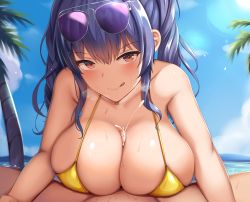 Rule 34 | 1boy, 1girl, aviator sunglasses, azur lane, bare shoulders, beach, bikini, blue hair, blue sky, blush, breasts, breasts squeezed together, censored, cleavage, collarbone, cum, eyewear on head, handsfree paizuri, heavy breathing, hetero, highres, large breasts, licking lips, long hair, looking at viewer, mosaic censoring, official alternate costume, paizuri, palm tree, penis, pola (azur lane), pola (seaside coincidence) (azur lane), red eyes, renetan, sky, smile, sunglasses, swimsuit, tongue, tongue out, tree, twintails, wet, yellow bikini