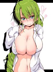 Rule 34 | 1girl, alternate breast size, blue eyes, blush, braid, breasts, cleavage, closed mouth, green hair, heart, highres, kanbayashi chiko, kantai collection, large breasts, long hair, long sleeves, looking at viewer, mole, mole under mouth, naked shirt, navel, open clothes, open shirt, shirt, single braid, sleeves past wrists, smile, solo, upper body, very long hair, white shirt, yuugumo (kancolle)