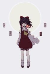 Rule 34 | 1girl, absurdres, ascot, bare shoulders, black eyes, black hair, blood, blood from mouth, blood on clothes, blood on face, bow, cuts, detached sleeves, dress, expressionless, full body, grey background, hair bow, hair tubes, hakurei reimu, highres, injury, medium hair, multicolored hair, nosebleed, pink hair, red bow, red dress, seal impression, shoes, short dress, simple background, solo, standing, talisman, torn clothes, touhou, two-tone hair, wind, yellow ascot, yonoisan