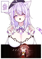 Rule 34 | 2girls, absurdres, animal ear fluff, animal ears, blush, bone hair ornament, breasts, cat ears, cat girl, cat tail, commentary, dog ears, dog girl, dog tail, english text, hair between eyes, hair ornament, hat, heart on chest, highres, hololive, inugami korone, inugami korone (street), large breasts, long sleeves, multiple girls, neck ribbon, nekomata okayu, nekomata okayu (wonderland), official alternate costume, open mouth, purple eyes, purple hair, ribbon, shirt, simple background, symbol-only commentary, tail, tearing up, unexistarts, virtual youtuber, white background, white shirt