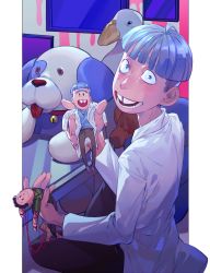 Rule 34 | 1boy, absurdres, blue hair, doll, hanstrmoft, highres, jerry smith, lab coat, male focus, open mouth, rick and morty, rick sanchez, sitting, smile, solo, stuffed animal, stuffed toy, tooth gap