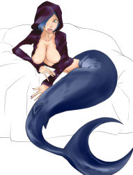 Rule 34 | ass, blue hair, breasts, hood, hoodie, huge ass, ichihisa, madame shirley, mermaid, monster girl, nipple slip, nipples, one piece, tail