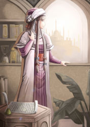 Rule 34 | 1girl, adapted costume, amibazh, arabian clothes, arabic text, blurry, book, depth of field, headdress, highres, hourglass, long hair, minaret, paper, patchouli knowledge, plant, purple eyes, purple hair, quill, solo, touhou, tree