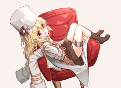 Rule 34 | 1girl, :d, armchair, belt, belt buckle, blonde hair, blush, brown background, brown belt, brown gloves, brown skirt, brown socks, buckle, chair, fur hat, girls&#039; frontline, gloves, hair between eyes, hat, highres, jacket, long hair, long sleeves, looking at viewer, matsuo (matuonoie), nagant revolver (girls&#039; frontline), no shoes, on chair, open mouth, red eyes, shirt, simple background, skirt, smile, socks, solo, white hat, white jacket, white shirt
