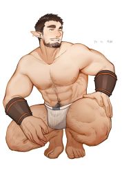 Rule 34 | 1boy, abs, absurdres, bara, beard, body hair, brown hair, bulge, chest hair, earrings, facial hair, full body, hairy, highres, jewelry, jockstrap, large pectorals, leg hair, looking to the side, male focus, male pubic hair, male underwear, muscular, muscular male, navel, navel hair, nipples, original, pectorals, peterhl, pointy ears, pubic hair, short hair, solo, squatting, stubble, thick eyebrows, thick thighs, thighs, underwear, underwear only, white male underwear, yellow eyes