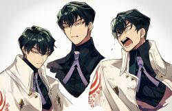 Rule 34 | 1boy, angry, annoyed, black hair, black shirt, closed mouth, coat, collared shirt, constricted pupils, fate/grand order, fate (series), green eyes, grimace, highres, itou kashitarou (fate), male focus, multiple views, necktie, open mouth, purple necktie, scratches, shirt, short hair, simple background, solo focus, upper body, white background, white coat, yuu (areruya)