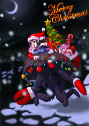 Rule 34 | 1girl, antlers, arthropod boy, bell, box, breast press, breasts, brown hair, candy, candy cane, carrying, christmas ornaments, christmas stocking, christmas tree, cosplay, crescent moon, crossover, d.va (overwatch), detached sleeves, facial mark, facing viewer, fake antlers, fake nose, fallout (series), food, full body, fur-trimmed gloves, fur-trimmed sleeves, fur trim, gift, gift bag, gift box, gloves, hat, highres, horns, jingle bell, kim yj, long hair, looking afar, looking at viewer, merry christmas, mirelurk, moon, night, open mouth, outdoors, overwatch, overwatch 1, piggyback, pincers, red gloves, red nose, red sleeves, reindeer antlers, rudolph the red nosed reindeer, rudolph the red nosed reindeer (cosplay), santa hat, small breasts, smile, snow, snowing, whisker markings