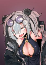 Rule 34 | 1girl, absurdres, animal ears, arknights, black dress, black hair, breasts, china dress, chinese clothes, cleavage, cleavage cutout, clothing cutout, dress, eyewear on head, fang, feater (arknights), gomio (bb-k), grey hair, hair between eyes, highres, jacket, large breasts, long hair, multicolored hair, open clothes, open jacket, open mouth, orange eyes, panda ears, panda girl, red background, round eyewear, simple background, solo, streaked hair, two side up