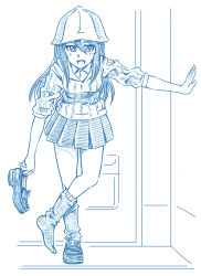 Rule 34 | 10s, bbb (friskuser), blue theme, commentary request, door, girls und panzer, greyscale, hair between eyes, hand on wall, hat, keizoku school uniform, leaning forward, loafers, long hair, long sleeves, looking at viewer, mika (girls und panzer), monochrome, open mouth, pleated skirt, removing shoes, school uniform, shadow, shoes, sidelocks, single shoe, skirt, smile, socks, solo, sweater, wall