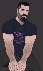Rule 34 | 1boy, absurdres, arm hair, bara, beard, clothes writing, english text, facial hair, feet out of frame, full beard, gradient beard, hairy, hand hair, highres, large pectorals, looking at viewer, male focus, mature male, meme attire, movd art, muscular, muscular male, mustache, neckbeard, old, old man, original, pectorals, red eyes, scar, scar on face, scar on forehead, scar on nose, short hair, sitting, solo, thick beard, thick eyebrows, thick mustache, v arms