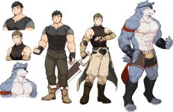 Rule 34 | 3boys, abs, absurdres, animal ears, bara, blue fur, brown pants, character sheet, clothing cutout, cropped torso, dog boy, dog ears, dog tail, expressions, eyebrow cut, eyepatch, full body, furry, furry male, gondom, highres, large pectorals, male focus, multiple boys, muscular, muscular male, navel, nipples, original, pants, pectorals, short hair, sideburns, sidepec, smile, stomach, tail, thick eyebrows, thigh cutout, thighs, topless male, underwear cutout, unfinished