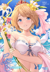 Rule 34 | 1girl, bare shoulders, bikini, blonde hair, blue eyes, blue ribbon, blue sky, blush, bouquet, breasts, cleavage, cloud, commentary request, copyright name, cross-laced clothes, day, europa (granblue fantasy), europa (summer) (granblue fantasy), flower, front-tie bikini top, front-tie top, granblue fantasy, hair flower, hair ornament, highres, holding, holding bouquet, keikei (kitty colors), looking at viewer, medium breasts, navel, outdoors, parted lips, pink flower, ribbon, short hair, sky, smile, solo, swept bangs, swimsuit, tiara, towel, upper body, veil, white flower, yellow flower