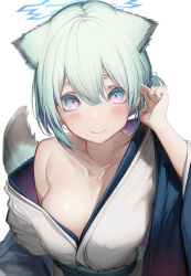 Rule 34 | 1girl, absurdres, animal ears, blue archive, blush, breasts, closed mouth, collarbone, commentary request, extra ears, gradient eyes, hair between eyes, halo, hand up, highres, japanese clothes, kimono, light green hair, looking at viewer, medium breasts, multicolored eyes, off shoulder, pink eyes, shigure (blue archive), short hair, simple background, smile, solo, tab head, tail, upper body, weasel ears, weasel tail, white background