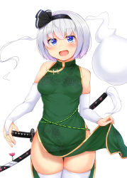 Rule 34 | 1girl, alternate costume, bare shoulders, black hairband, black ribbon, blue eyes, blush, bob cut, breasts, bridal gauntlets, china dress, chinese clothes, clothes lift, commentary request, cowboy shot, daichi (tokoya), dress, elbow gloves, flower, gloves, green dress, hair between eyes, hair ribbon, hairband, highres, hitodama, katana, konpaku youmu, konpaku youmu (ghost), lifting own clothes, looking at viewer, medium breasts, open mouth, pelvic curtain, pelvic curtain lift, pink flower, ribbon, scabbard, sheath, sheathed, short hair, side slit, silver hair, simple background, skindentation, sleeveless, sleeveless dress, solo, standing, sword, thighhighs, thighs, touhou, weapon, white background, white gloves, white thighhighs
