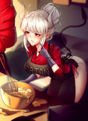 Rule 34 | 1boy, 1girl, apron, ass, black apron, black tail, blush, breasts, cooking, demon girl, demon horns, demon tail, dirty, dirty face, dough, food, food on face, gloves, helltaker, helltaker (character), highres, horns, indoors, large breasts, long hair, lucifer (helltaker), mole, mole under eye, panties, red eyes, red shirt, shadow, shirt, shumiao, tail, thighs, underwear, white hair, white horns, white panties