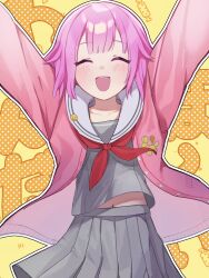 Rule 34 | 1girl, arms up, blush, card, cardigan, closed mouth, commentary, english commentary, grey shirt, highres, midriff peek, mishio (misio 40), miyamasuzaka girls&#039; academy school uniform, navel, neckerchief, ootori emu, open mouth, pink cardigan, pink hair, pleated skirt, project sekai, red neckerchief, sailor collar, school uniform, shirt, short hair, skirt, solo, teeth, upper body, upper teeth only, white sailor collar