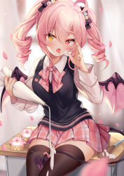 Rule 34 | absurdres, ahoge, artist request, bat wings, black legwear, blush, bow, bowtie, cake, character request, cherry blossoms, copyright request, cream, cream on body, demon girl, demon tail, desk, drill hair, food, hair ornament, heterochromia, highres, holding, holding food, licking, licking finger, looking at viewer, petals, pink hair, pink skirt, plaid, plaid skirt, red eyes, school uniform, sexually suggestive, shirt, sitting, skirt, tail, tongue, tongue out, twin drills, virtual youtuber, white shirt, wings, yellow eyes