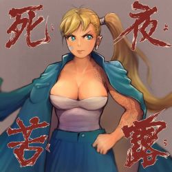 Rule 34 | 1girl, alternate costume, arm tattoo, bandaid, bandaid on face, blonde hair, blue eyes, blue skirt, breasts, cleavage, commentary, commentary request, delinquent, earrings, english commentary, highres, jacket, jacket on shoulders, jewelry, large breasts, lips, long hair, long skirt, mixed-language commentary, no bra, quasimodox, rainbow mika, sarashi, side ponytail, skirt, solo, street fighter, street fighter v, sukeban, tattoo, translation request, very long hair
