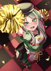 Rule 34 | 1girl, absurdres, apron, arm up, black hat, checkered floor, confetti, dress, from above, full body, green dress, green eyes, green hair, hat, highres, holding, holding pom poms, looking at viewer, mahoro (minase mahoro), open mouth, pom pom (cheerleading), pom pom (clothes), pom poms, short hair, short hair with long locks, short sleeves, solo, standing, tate eboshi, teireida mai, touhou, waist apron, white apron