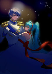 Rule 34 | 1boy, 1girl, absurdres, aqua eyes, aqua hair, bare shoulders, blue eyes, blue hair, blue sash, bow, cendrillon (vocaloid), choker, commentary, dancing, dated, dress, elbow gloves, epaulettes, formal, gloves, gown, hairband, hatsune miku, highres, jacket, kaito (vocaloid), kaniko (user tvzs5875), long hair, looking at another, red bow, red choker, red hairband, sash, short hair, signature, simple background, smile, twintails, very long hair, vocaloid, white dress, white gloves, white jacket
