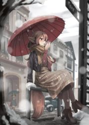Rule 34 | 159cm, 1girl, ahoge, animal ears, ankle boots, bare tree, blurry, blurry background, blurry foreground, blush, boots, brown hair, brown scarf, crossed legs, depth of field, dress, from side, grey dress, grey footwear, grey pantyhose, hand up, high heel boots, high heels, highres, holding, holding umbrella, long hair, long sleeves, oil-paper umbrella, original, outdoors, pantyhose, parted lips, red eyes, red sweater, scarf, sitting, snow, snowing, solo, sweater, tail, tree, umbrella, wine-chan (159cm)