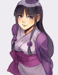 Rule 34 | 1girl, maya fey, bad id, bad pixiv id, black hair, blush, ace attorney, hair ornament, half updo, japanese clothes, kimono, long hair, looking at viewer, lotter75, purple eyes, smile, solo