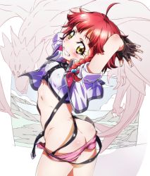 Rule 34 | 10s, 1girl, ahoge, arms behind head, arms up, ass, blush, braid, breasts, butt crack, candy, cross ange, dragon, covered erect nipples, fang, fingerless gloves, food, gloves, grin, hair bobbles, hair ornament, lollipop, looking at viewer, mouth hold, niko (tama), no panties, red hair, short hair, shorts, single braid, small breasts, smile, solo, spoilers, teeth, twisted torso, vivian (cross ange), wardrobe malfunction, yellow eyes